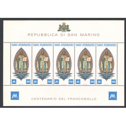 1977 San Marino "Centenario dei Primi Francobolli" Minifoglio di 5 valori MNH** Bf 38