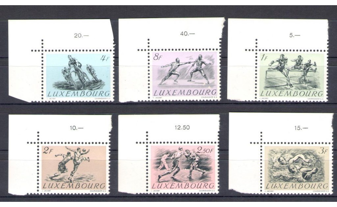 1952 Lussemburgo  Olimpiadi di Helsinky 6 valori Angolo di Foglio Sinistro n° 455/460 MNH**