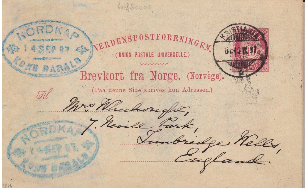 1897 NORVEGIA , Cartolina Postale con timbro in azzurro della Motonave 'Kong Harald'