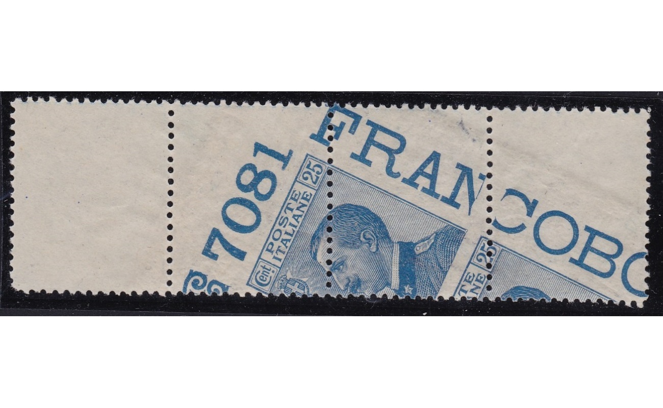 1908 Regno di Italia  - n° 83mb+ma  25 c. azzurro  MNH/**  RARISSIMA E SPLENDIDA VARIETA' Certificato Raybaudi