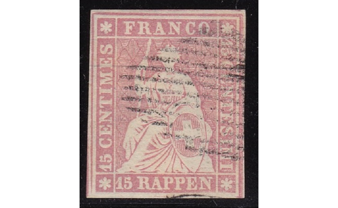 1854 SVIZZERA, n. 28a  15 r. rosa antico Firmato Raybaudi