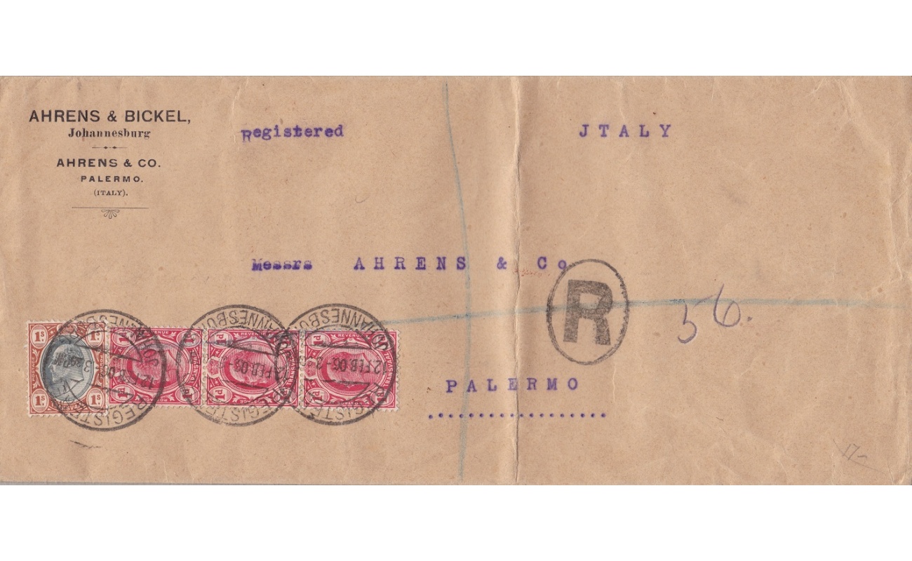 1906 TRANSVAAL SOUTH AFRICA - Registered cover from Johannesburg to Palermo franked with SG 256 and 274 (3 ex.)