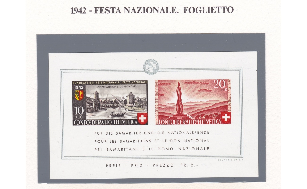 1942 SVIZZERA , BF n° 7 Pro Patria - Bimillenario Città di Ginevra - MNH** Certificato Bolaffi