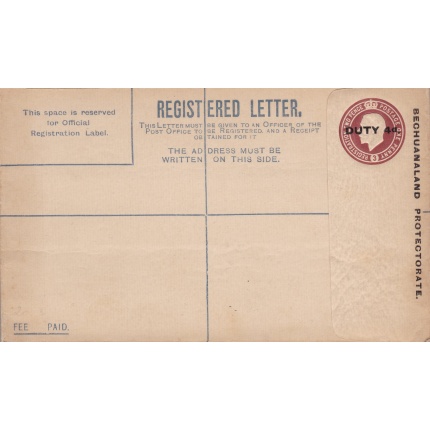 BECHUANALAND PROTECTORATE, REGISTERED LETTER ovpt. DUTY 4d on 3p. NUOVA/NEW