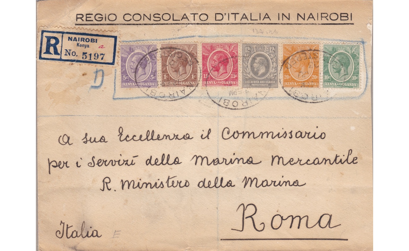 1923 East Africa and Uganda - SG 69+76+77+79+82+83 BEAUTIFUL LETTER FROM NAIROBI TO ROMA