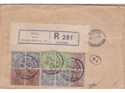 1926 INDIA, Tricolor Reg. Letter  from Allahabad to Malta with George V interesting postage