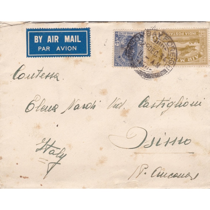 1934 INDIA, Lettera di Posta Aerea da Bombay ad Osimo - affrancata con i francobolli di George V°