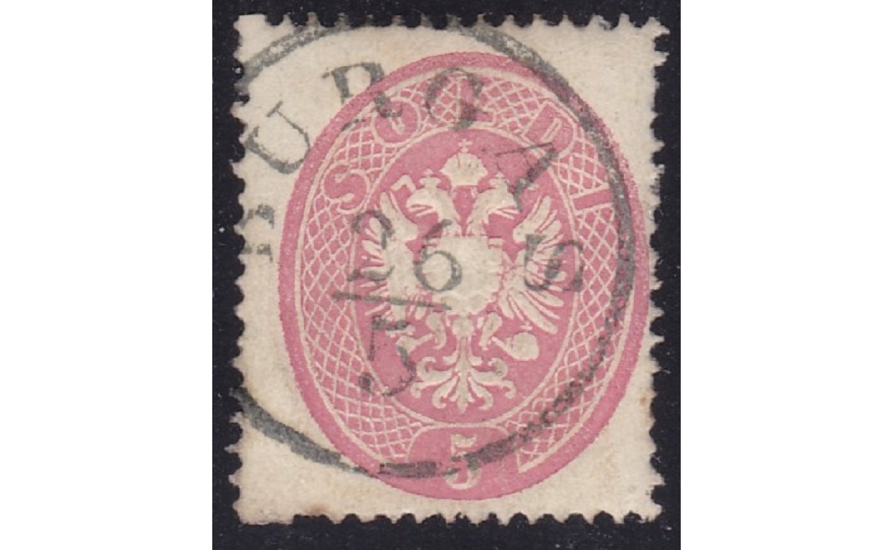 1863 LOMBARDO VENETO, n. 5 soldi rosa ANNULLAMENTO BURGAS  Punti 12 Firmato Sorani