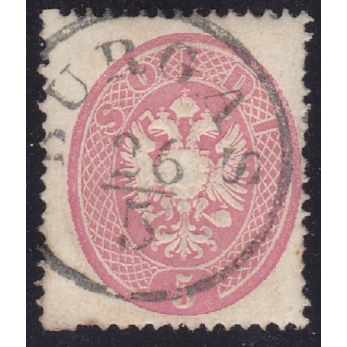 1863 LOMBARDO VENETO, n. 5 soldi rosa ANNULLAMENTO BURGAS  Punti 12 Firmato Sorani