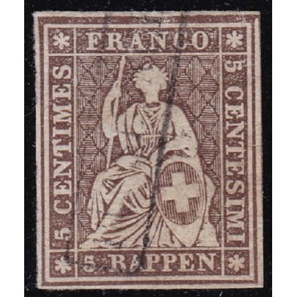 1854-55 SVIZZERA, n 26c  5 r. bruno  Firmato Raybaudi