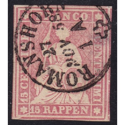 1855-57 SVIZZERA, Catalogo Zumstein n. 24 - 15 rappen carminio rosa  - Certificato Von der Weid + varietà