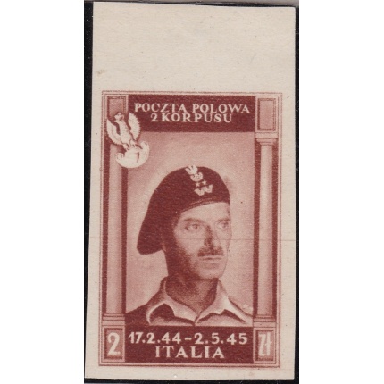 1946 CORPO POLACCO, n° 8B 2 zl. bruno rosso NUOVO SENZA GOMMA Certificato Biondi BORDO DI FOGLIO