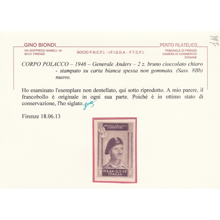 1946 CORPO POLACCO, n° 8Bb 2 zl. bruno cioccolato chiaro NUOVO SENZA GOMMA Certificato Biondi