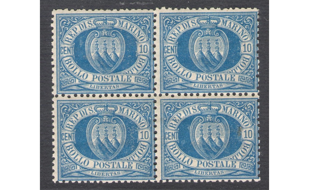 1877 SAN MARINO, n° 3A  10 cent. azzurro Discreta Centratura Quartina MNH** Copia Cert. Raybaudi ORO di provenienza