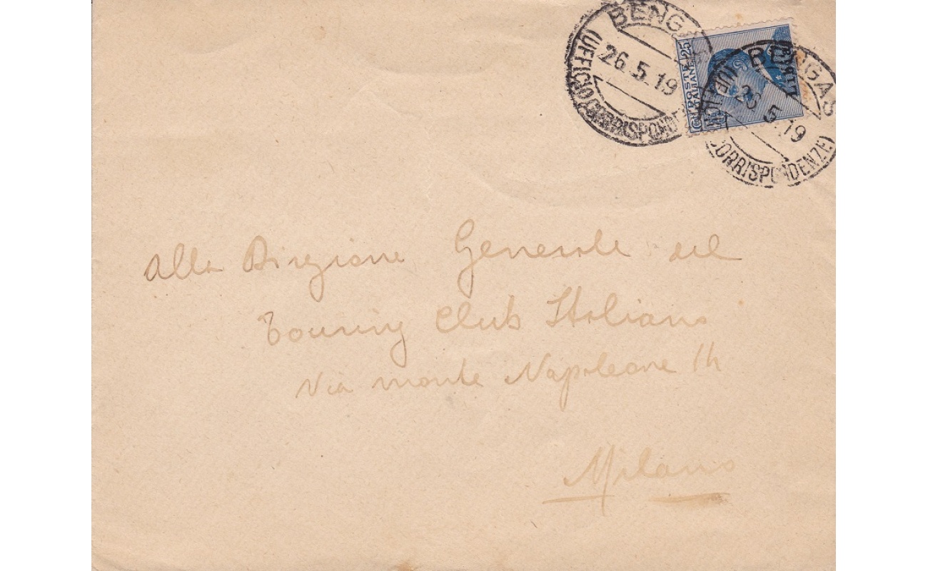 1919 LIBIA, n° 7  25 cent. azzurro isolato su lettera VIAGGIATA PER MILANO