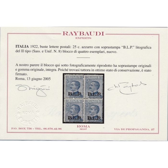 1922-23 Regno di Italia, BLP n° 8 25 cent. azzurro QUARTINA MNH/** Certificato Raybaudi