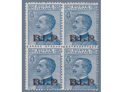 1922-23 Regno di Italia, BLP n° 8 25 cent. azzurro QUARTINA MNH/** Certificato Raybaudi