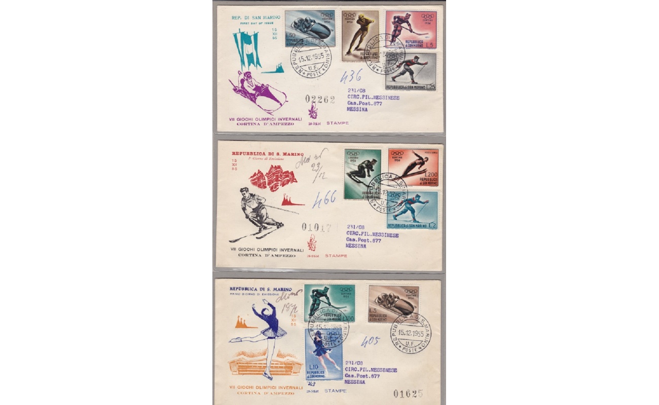 1955 SAN MARINO, n° 428/436 + A 116 Giochi Olimpici di Cortina VENETIA  VIAGGIATA