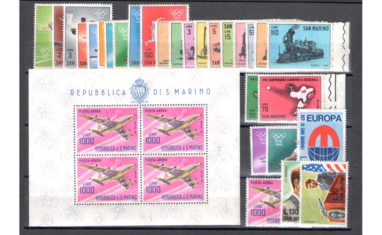 1964 San Marino Annata Completa , Francobolli nuovi , 28 valori + 1 Foglietto (Aerei Moderni)  - MNH**
