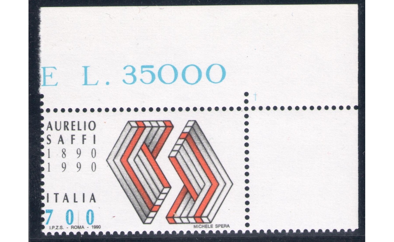 1990 Repubblica Italiana, SAFFI ROSSO n° 1563 "Colore Rosso" Francobollo Naturale Angolo di Foglio n° 1563Ab RARO MNH**