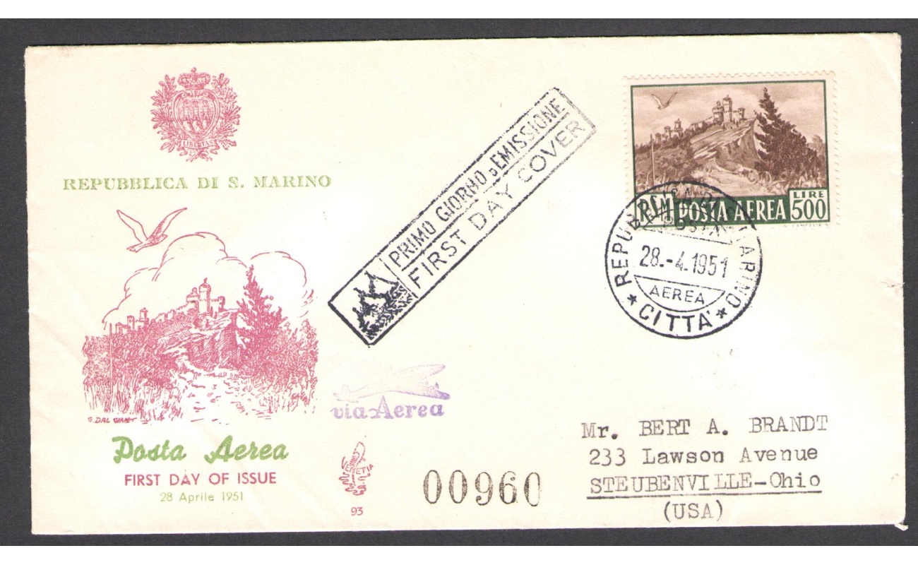 1951 SAN MARINO, PA 97 VEDUTA 500 Lire - VENETIA n° 93,  VIAGGIATA VIA AEREA per gli stati uniti