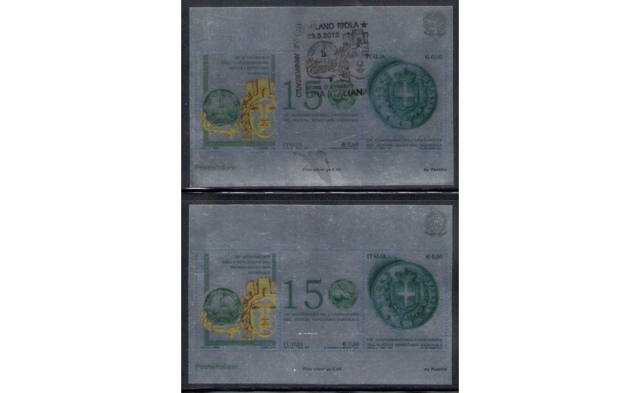 2012 Italia - 150° Anniversario dell'Unificazione Sistema Monetario "La Lira Italiana" Argento BF 84 Usato Primo Giorno + Nuovo