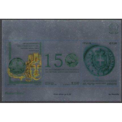 2012 Italia - Repubblica ,150° Anniversario dell'Unificazione Sistema Monetario "La Lira Italiana" Argento Foglietto n. 84 MNH**