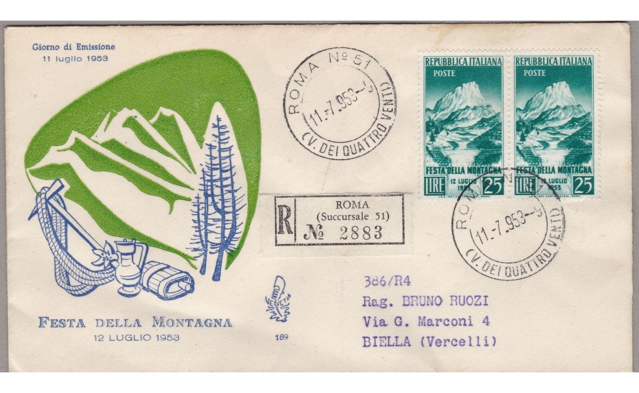 1953 REPUBBLICA - Festa della Montagna - n. 720 ,   VENETIA RACCOMANDATA VIAGGIATA
