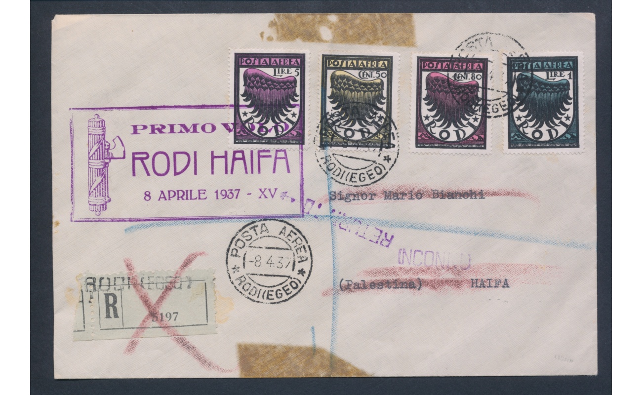 1937 Primo Volo Rodi - Haifa Raccomandata Posta Aerea ALA LITTORIA da Rodi 8.4 ad Haifa e ritorno