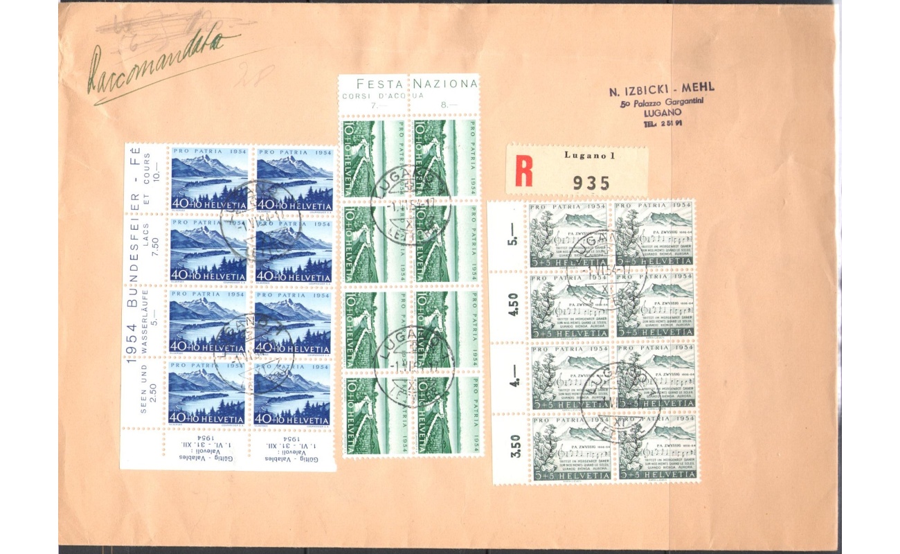 1954 SVIZZERA , Pro Patria Zum. 66/70 blocco di otto su 2 grandi buste