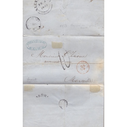 1853 MALTA, Lettera da Alessandria d'Egitto a Marsiglia annullo Malta Lazzaretto e tagli di disinfezione