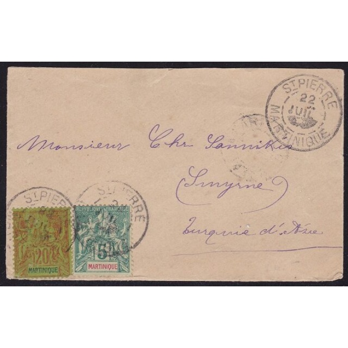 1892 MARTINICA - n. 33 + 36 lettera per la Turchia RARA DESTINAZIONE