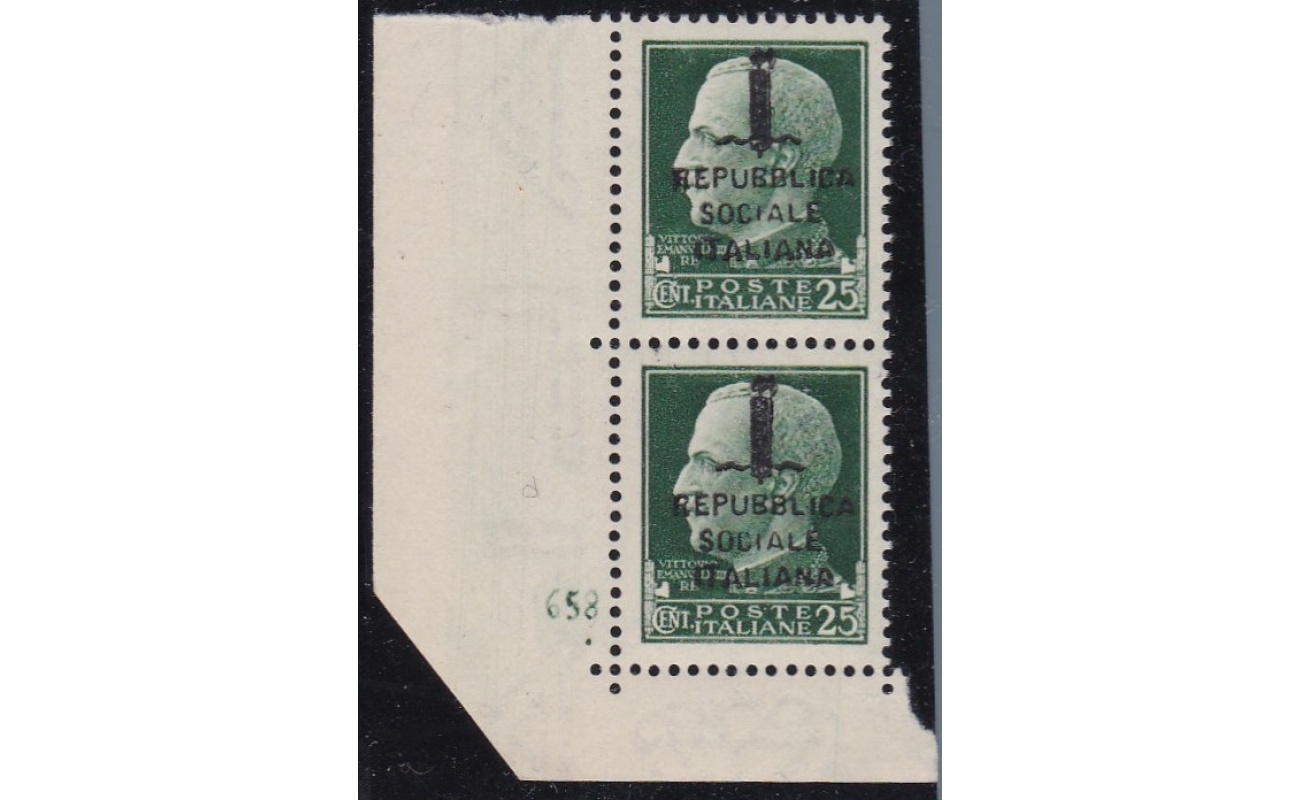 1944 RSI, n° 491 25 cent. verde MNH/** COPPIA VERTICALE CON NUMERO DI TAVOLA