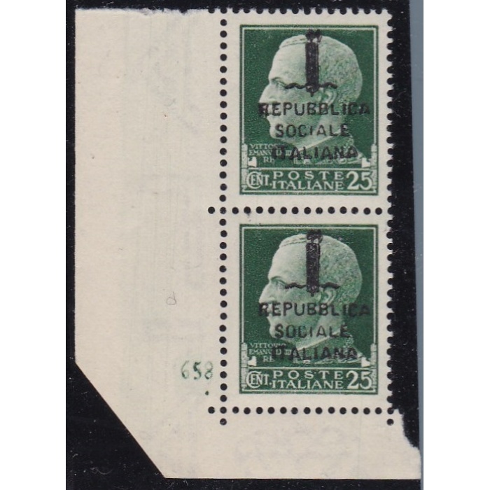 1944 RSI, n° 491 25 cent. verde MNH/** COPPIA VERTICALE CON NUMERO DI TAVOLA
