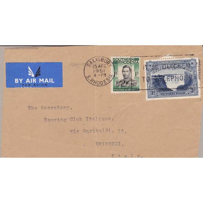 1931 SOUTHERN RHODESIA, SG 18 + 48 su frammento per Brindisi