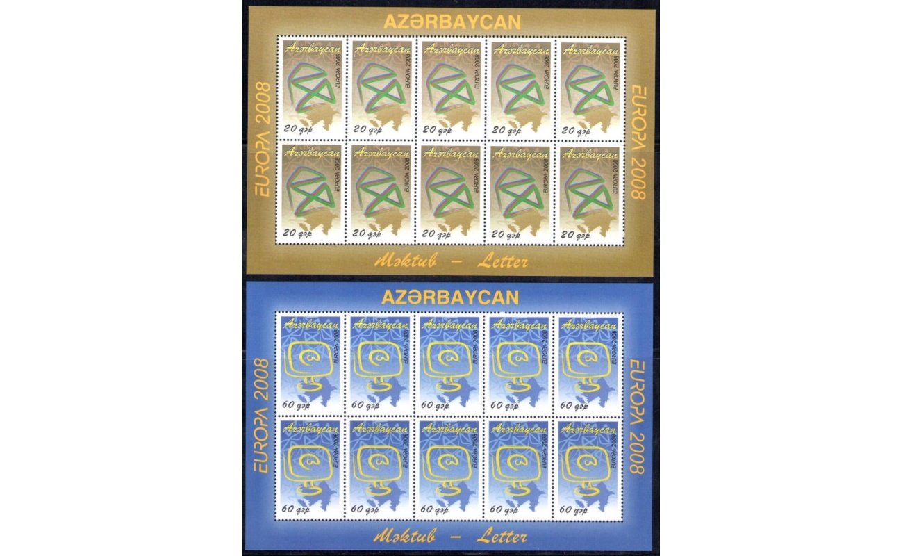 2008 EUROPA CEPT Azerbaigian , 2 Minifogli da 10 valori , La Lettera MNH**