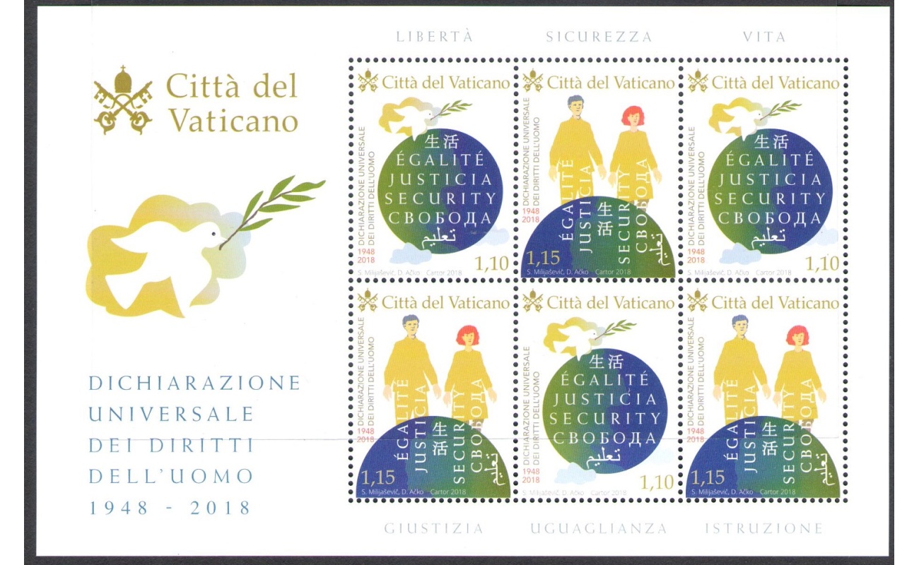 2018 Vaticano , Minifoglio n. 1809/10 , Dichiarazione Universale Diritti dell'uomo 1948-2018 , nuovo e perfetto  - MNH **