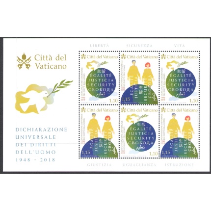2018 Vaticano , Minifoglio n. 1809/10 , Dichiarazione Universale Diritti dell'uomo 1948-2018 , nuovo e perfetto  - MNH **