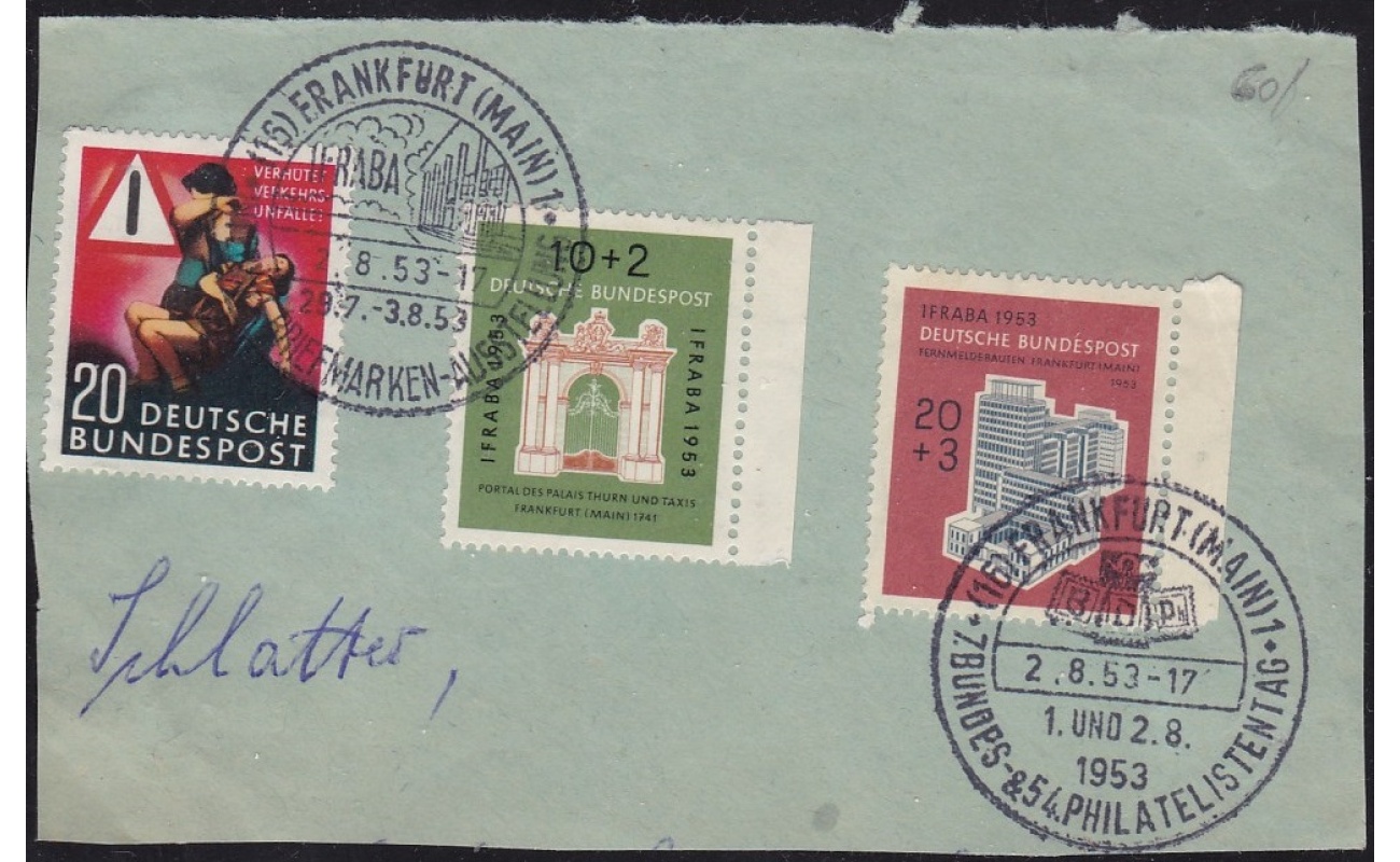 1953 GERMANIA  - Michel n° 162+171/172 3 valori su frammento
