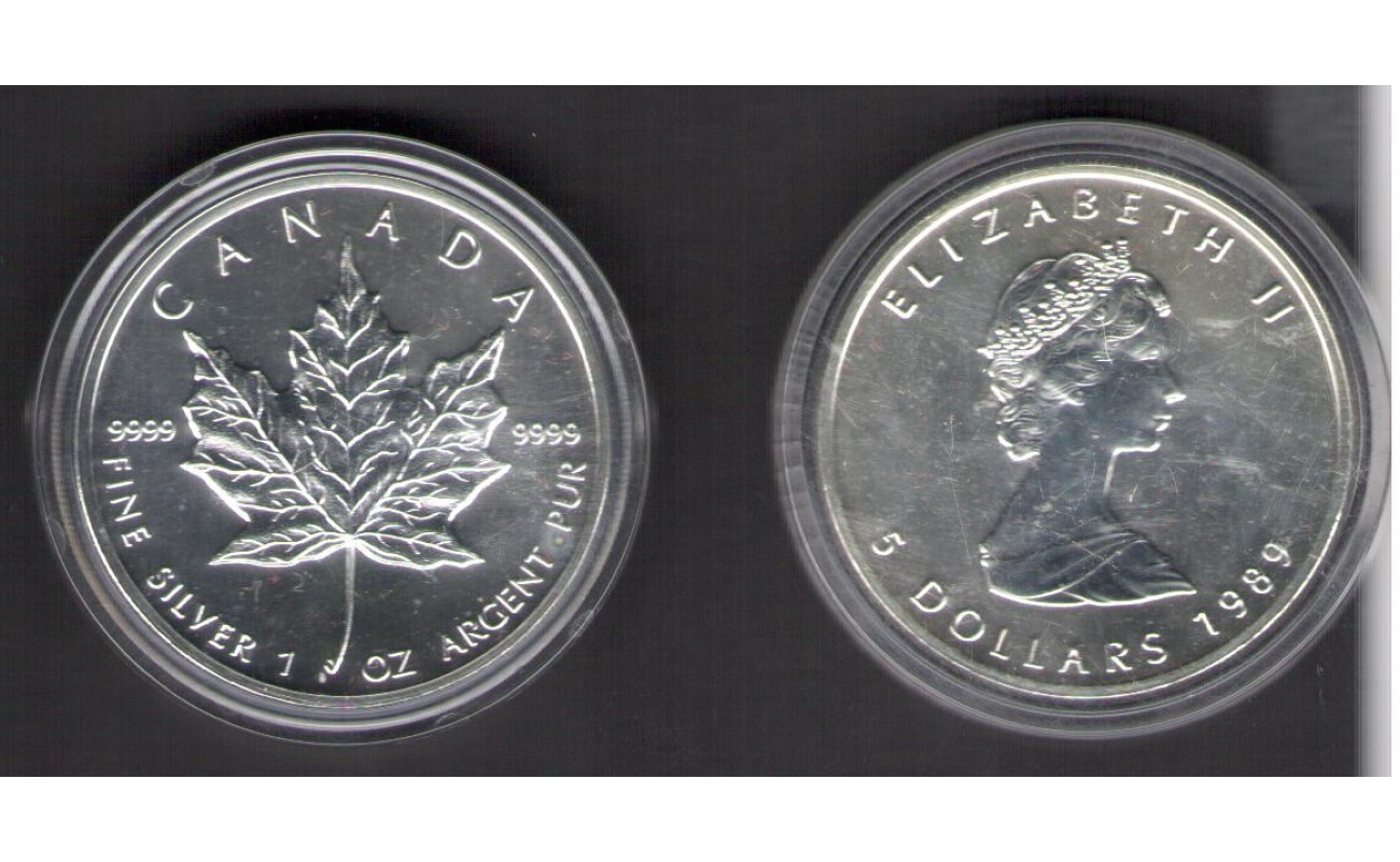 1989 Canada - 5 Dollari Foglia d'Acero - 1 oncia Argento 999 - 31,10 grammi - FDC