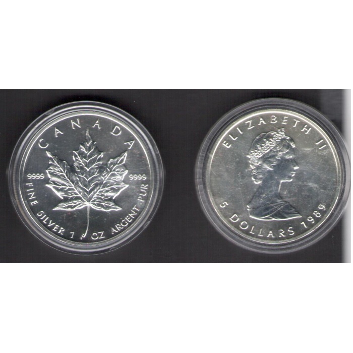 1989 Canada - 5 Dollari Foglia d'Acero - 1 oncia Argento 999 - 31,10 grammi - FDC