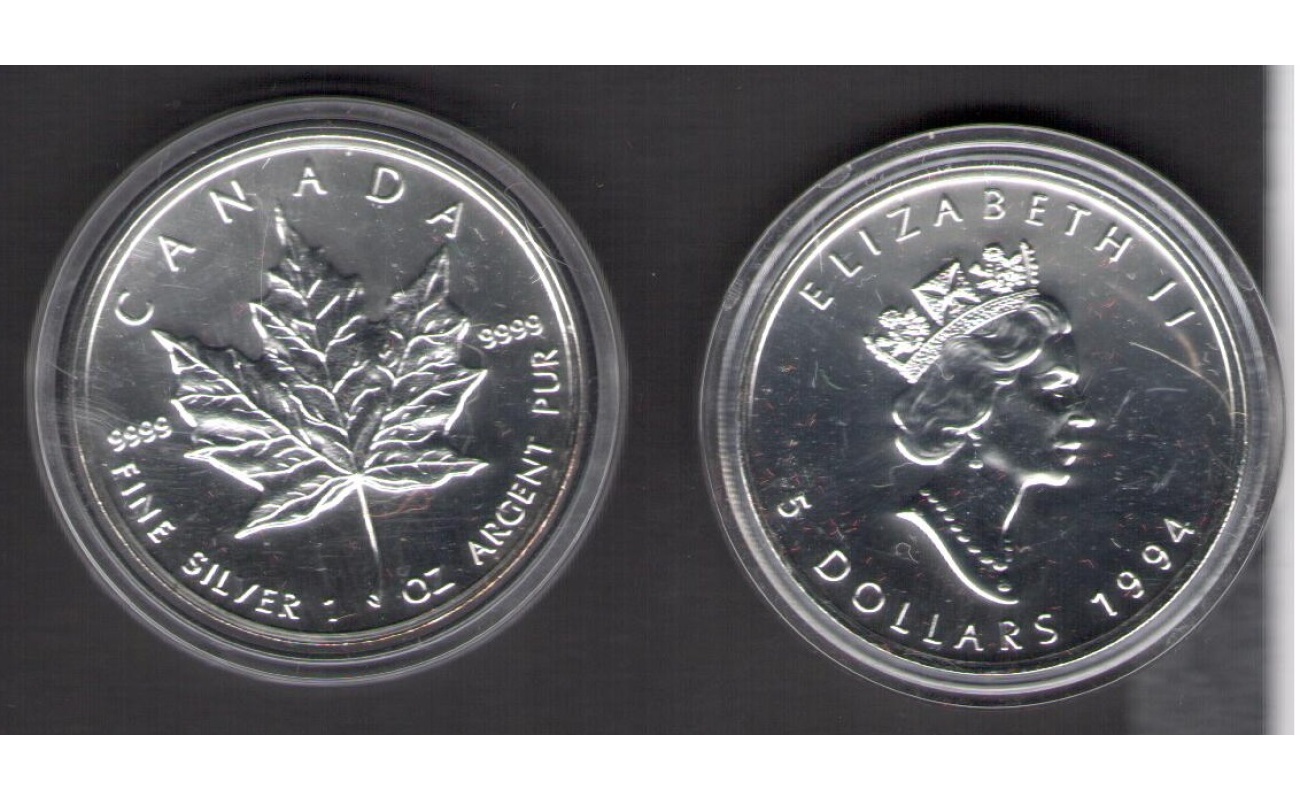 1994 Canada - 5 Dollari Foglia d'Acero - 1 oncia Argento 999 - 31,10 grammi - FDC