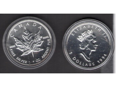 1994 Canada - 5 Dollari Foglia d'Acero - 1 oncia Argento 999 - 31,10 grammi - FDC