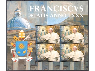 2016 Vaticano , 80° Compleanno di Papa Francesco , n° 1753 Minifoglio di 4 valori MNH **