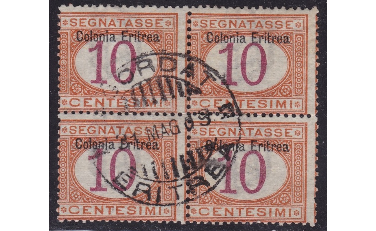 1903 ERITREA, Segnatasse n° 2 QUARTINA USATA CON ANNULLO CENTRALE 'AGORDAT'