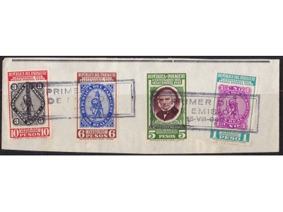 1940 PARAGUAY, n° 398/401 Centenario del francobollo ANNULLO PRIMO GIORNO su frammento
