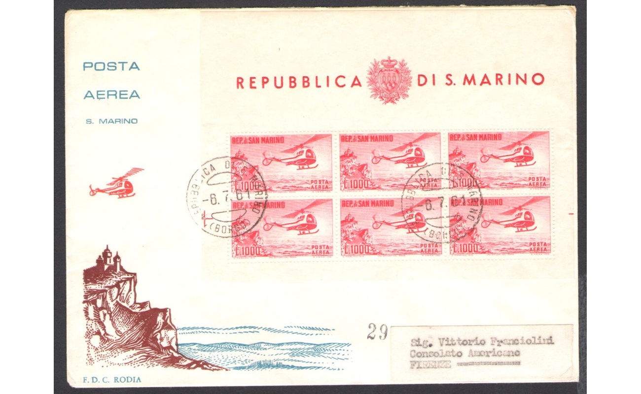 1961 SAN MARINO, Busta Rodia , Posta Aerea Foglietto 1.000 Lire Elicottero , f 6/7/1961 da San Marino Borgo per Firenze