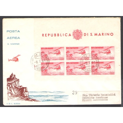 1961 SAN MARINO, Busta Rodia , Posta Aerea Foglietto 1.000 Lire Elicottero , f 6/7/1961 da San Marino Borgo per Firenze