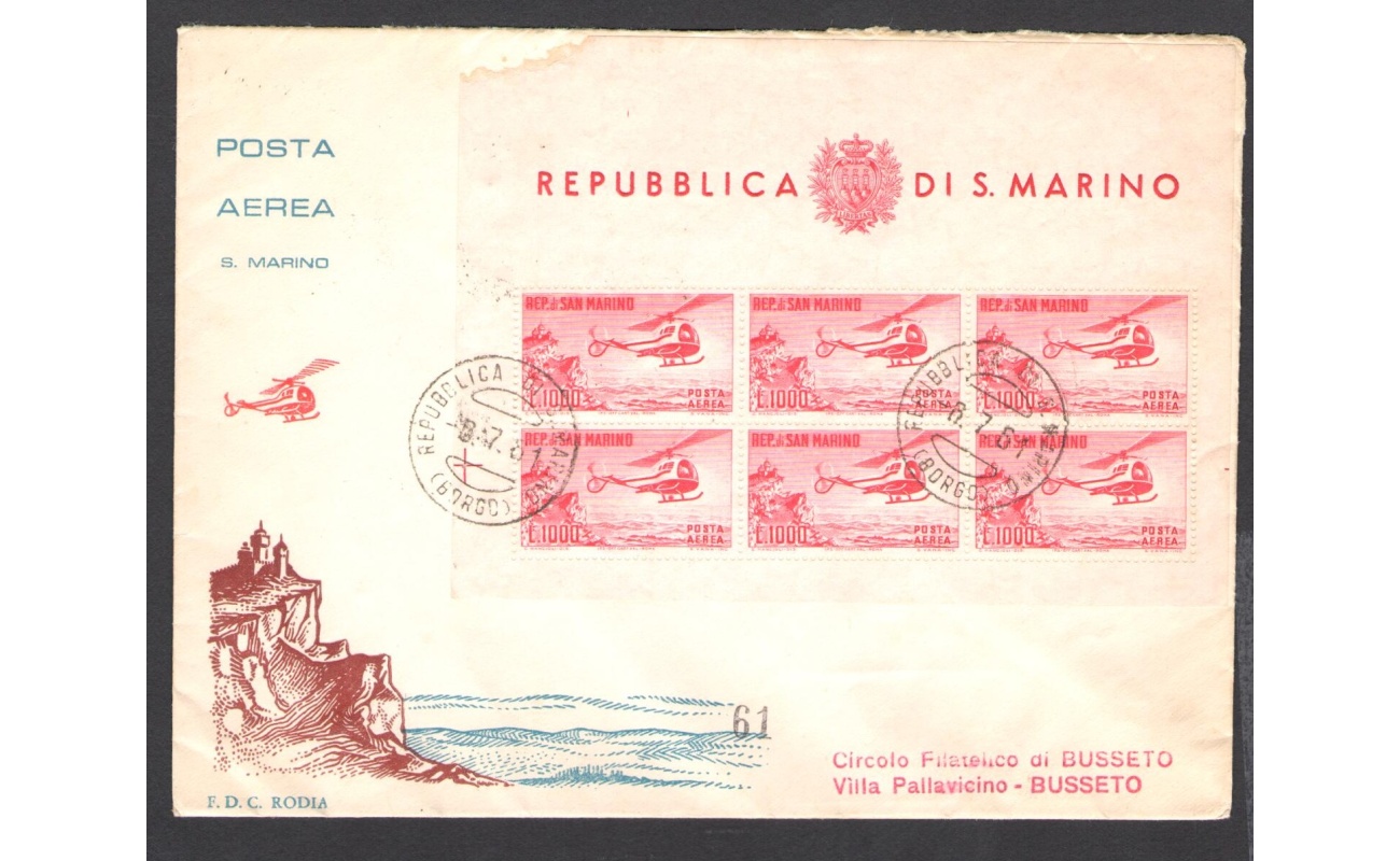 1961 SAN MARINO, Busta Rodia, Posta Aerea Foglietto 1.000 Elicottero,  6/7/1961 da San Marino Borgo per Busseto , strappo laterale