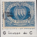 1892 SAN MARINO, # 8y, 5c. su 10c. azzurro MLH* G.mi invece di C.mi